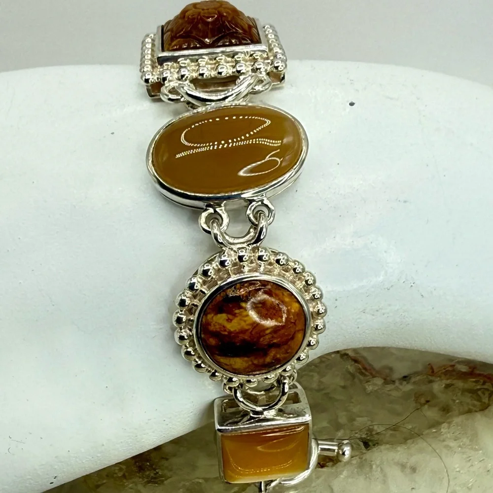 Whitney Kelly Sterling Silver Tiger’s Eye Jasper MOP Link Toggle Bracelet 7” - Picture 12 of 17